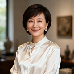 一位约四十岁的优雅女性藏家陈女士，身着米白色真丝衬衫，佩戴简约珍珠耳环，短发干练，微笑中透露出知性与从容，背景是柔和的自然光线。